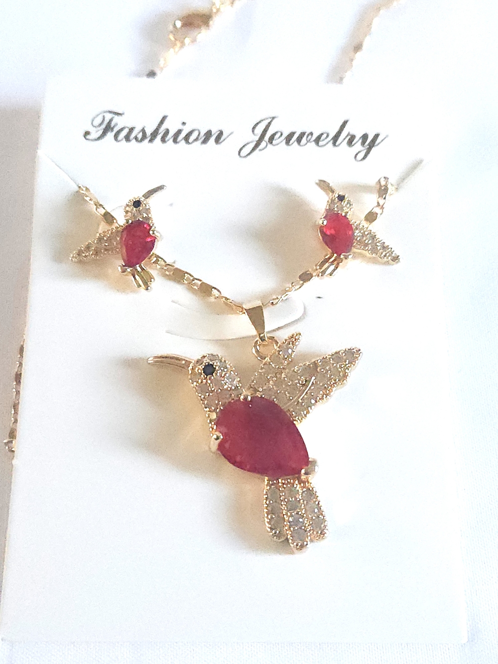 Fashion Jewelry Gold Plated Hummingbird Necklace and Earrings with Red Stones